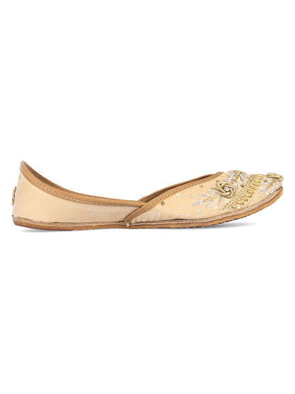 DESI COLOUR Women Tan Textured Leather Ethnic Mojaris with Laser Cuts Flats