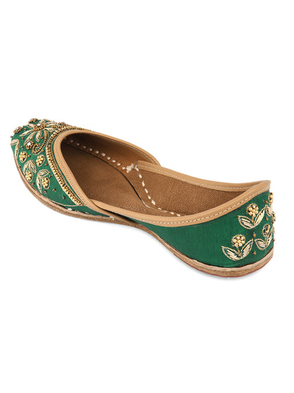 DESI COLOUR Women Tan Textured Leather Ethnic Mojaris with Laser Cuts Flats