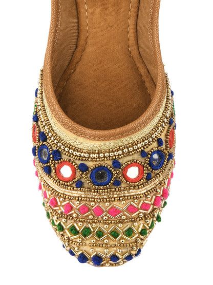 DESI COLOUR Women Multicoloured Embellished Leather Ethnic Mojaris Flats