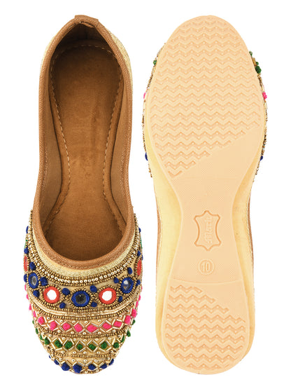 DESI COLOUR Women Multicoloured Embellished Leather Ethnic Mojaris Flats