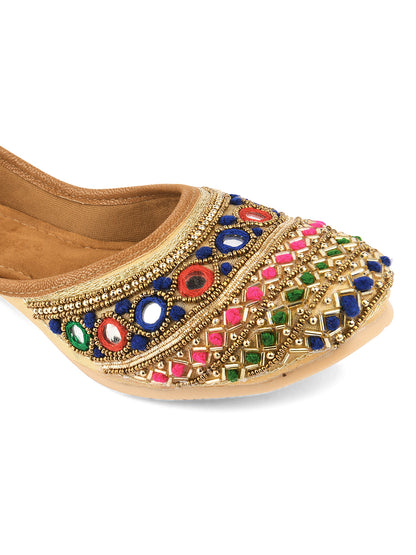 DESI COLOUR Women Multicoloured Embellished Leather Ethnic Mojaris Flats