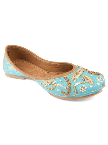 DESI COLOUR Women Blue Embellished Leather Ethnic Mojari Flats