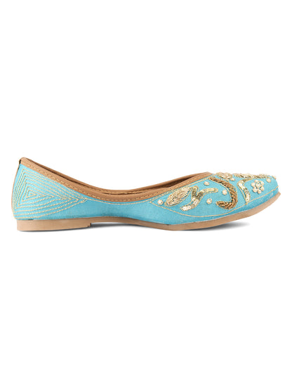 DESI COLOUR Women Blue Embellished Leather Ethnic Mojari Flats