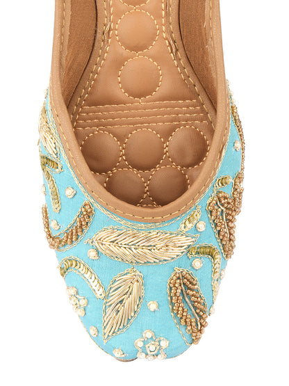 DESI COLOUR Women Blue Embellished Leather Ethnic Mojari Flats