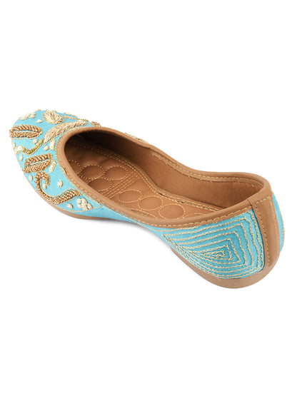 DESI COLOUR Women Blue Embellished Leather Ethnic Mojari Flats