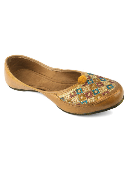 DESI COLOUR Women Coral Red  Gold-Toned Dabka Embellished Ethnic Mojaris Flats