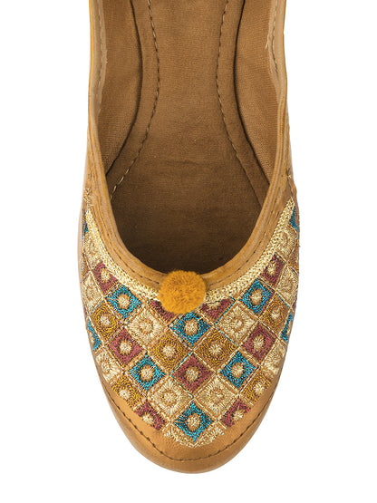 DESI COLOUR Women Coral Red  Gold-Toned Dabka Embellished Ethnic Mojaris Flats