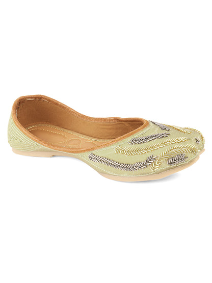 DESI COLOUR Women Coral Red  Gold-Toned Dabka Embellished Ethnic Mojaris Flats