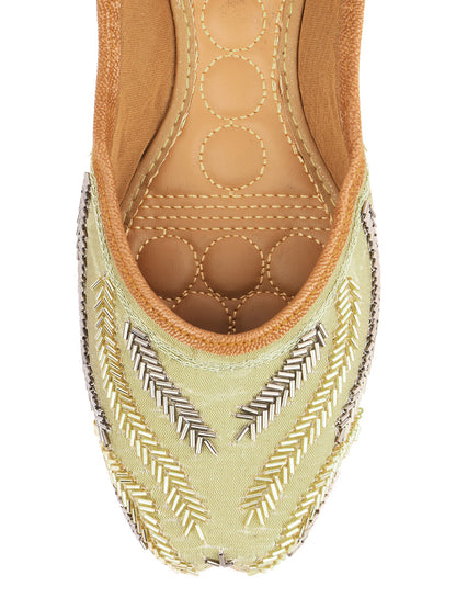 DESI COLOUR Women Coral Red  Gold-Toned Dabka Embellished Ethnic Mojaris Flats