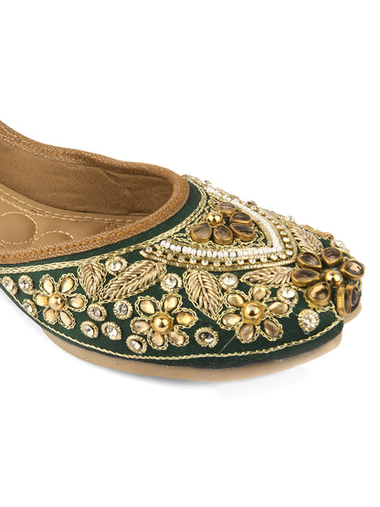 DESI COLOUR Women Gold-Toned Embellished Leather Ethnic Mojaris Flats