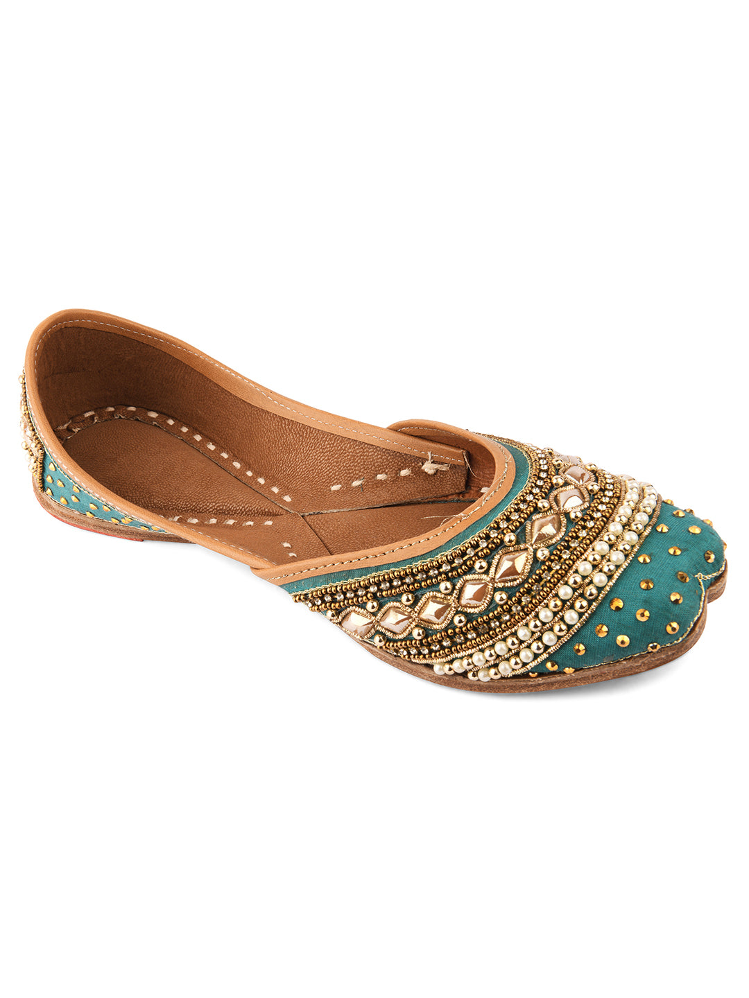 DESI COLOUR Women Green Embellished Leather Ethnic Mojaris Flats