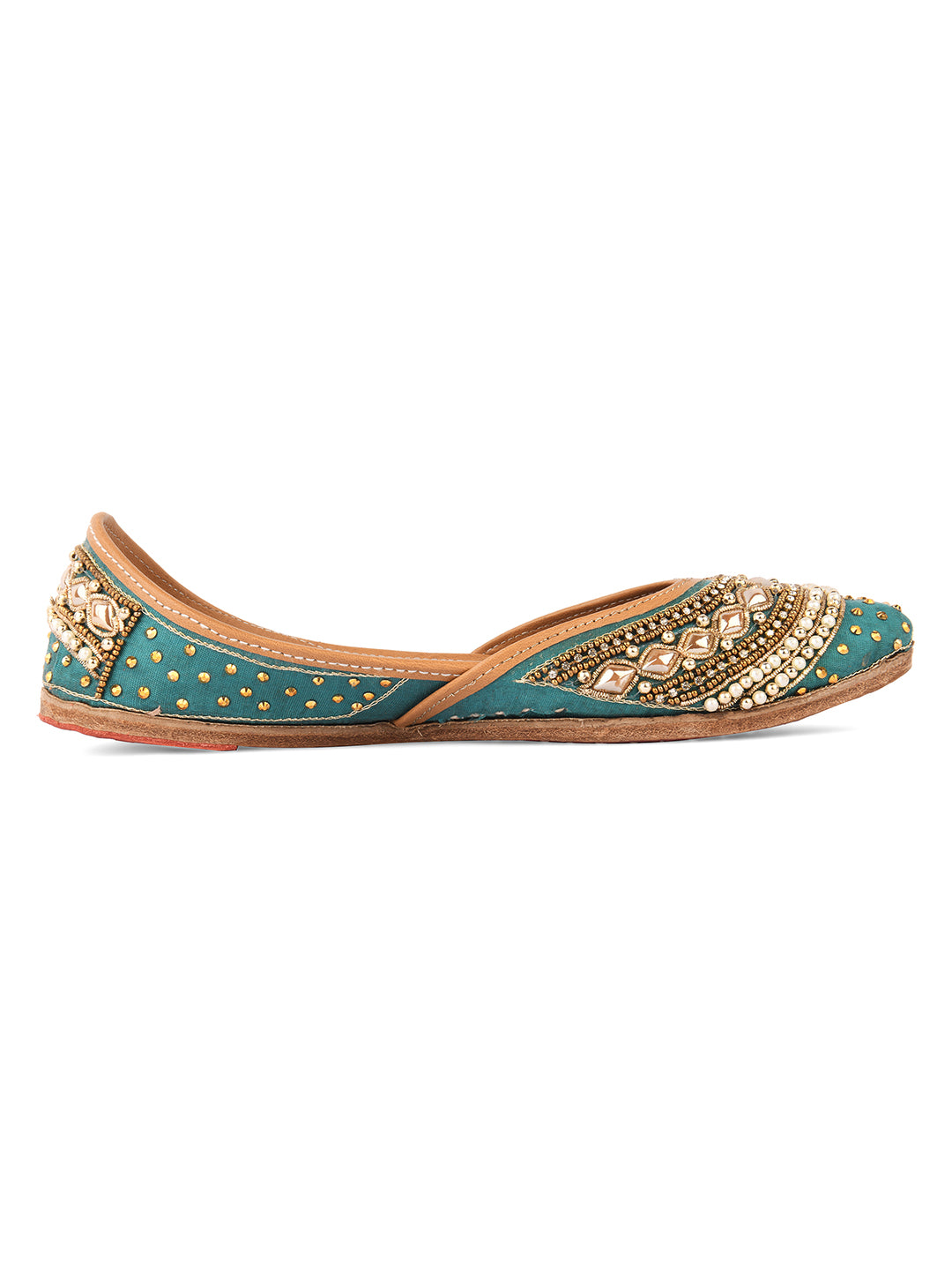 DESI COLOUR Women Green Embellished Leather Ethnic Mojaris Flats