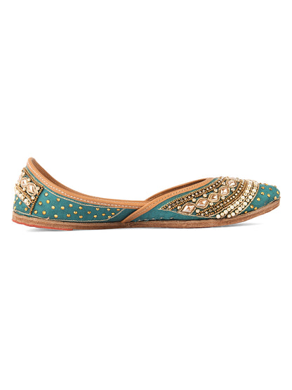 DESI COLOUR Women Green Embellished Leather Ethnic Mojaris Flats