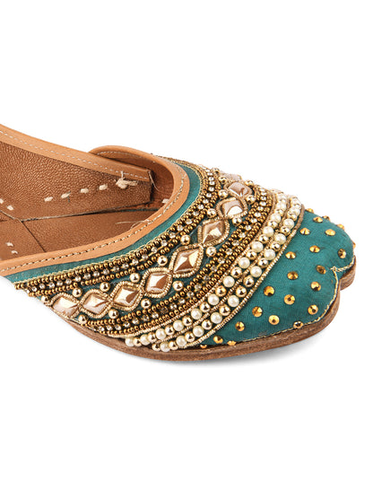 DESI COLOUR Women Green Embellished Leather Ethnic Mojaris Flats