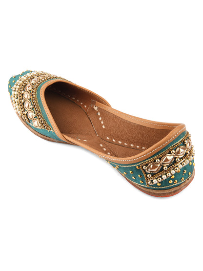 DESI COLOUR Women Green Embellished Leather Ethnic Mojaris Flats