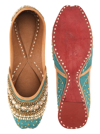 DESI COLOUR Women Green Embellished Leather Ethnic Mojaris Flats