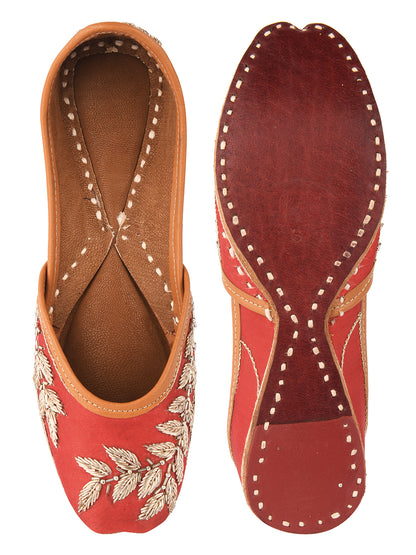 DESI COLOUR Women Maroon Embellished Leather Ethnic Mojaris Flats