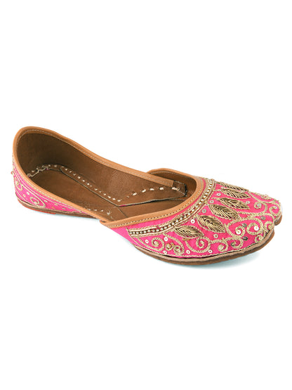 DESI COLOUR Women Pink Embellished Leather Ethnic Mojaris Flats