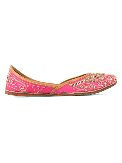 DESI COLOUR Women Pink Embellished Leather Ethnic Mojaris Flats