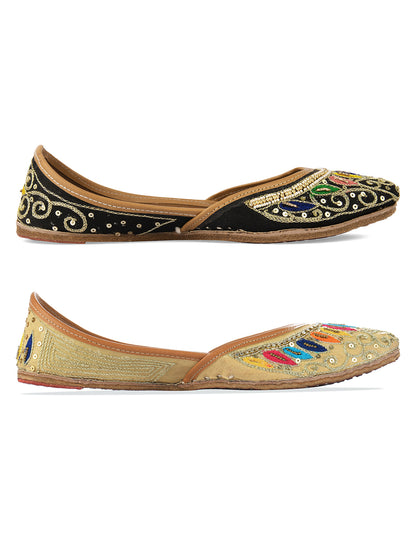 DESI COLOUR Women Tan Embellished Leather Ethnic Mojaris Flats