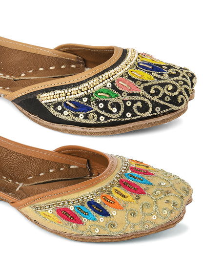 DESI COLOUR Women Tan Embellished Leather Ethnic Mojaris Flats