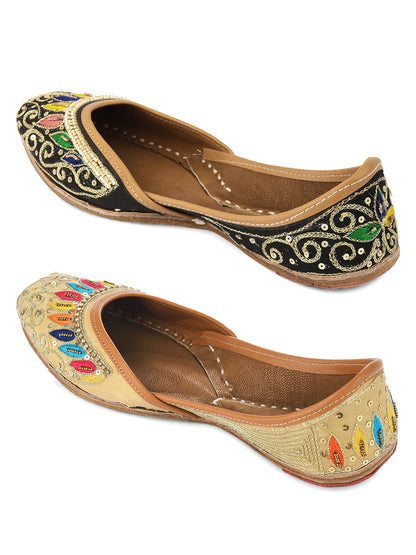 DESI COLOUR Women Tan Embellished Leather Ethnic Mojaris Flats