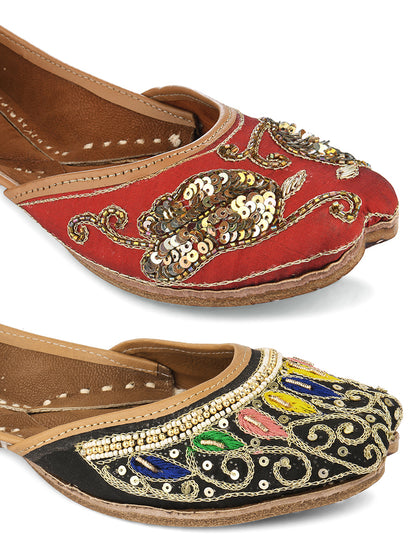 DESI COLOUR Women Pack Of 2 Multicoloured Embellished Leather Ethnic Mojaris Flats