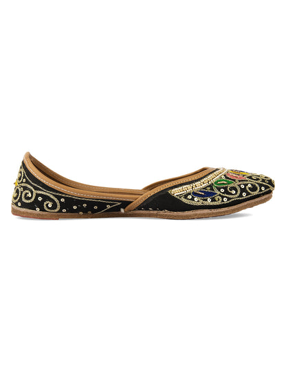 DESI COLOUR Women Black Embellished Leather Ethnic Mojaris Flats