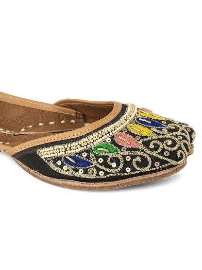 DESI COLOUR Women Black Embellished Leather Ethnic Mojaris Flats