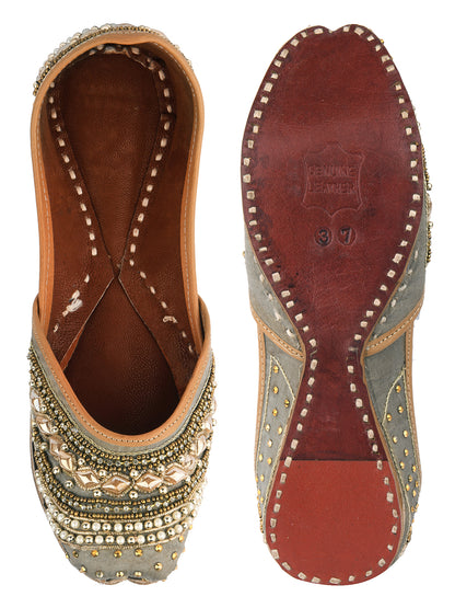 DESI COLOUR Women Peach-Coloured Embellished Leather Ethnic Mojaris