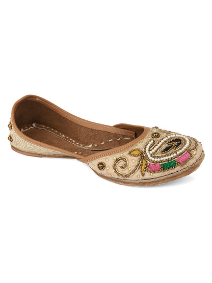 DESI COLOUR Women Peach-Coloured Embellished Leather Ethnic Mojaris