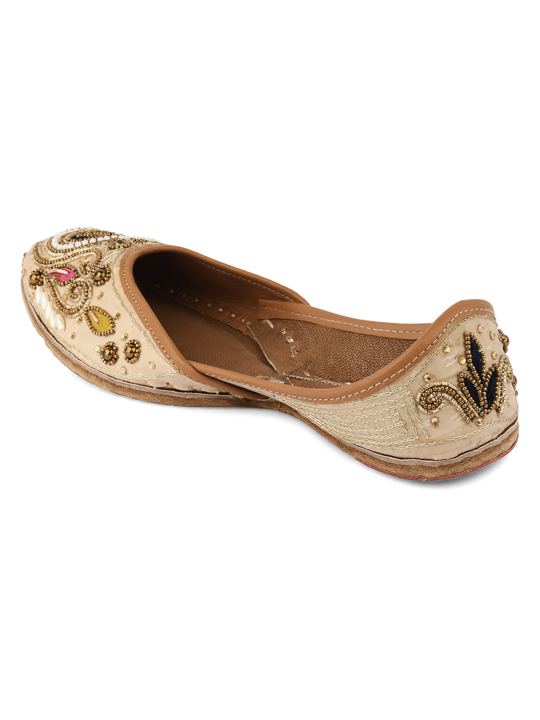 DESI COLOUR Women Peach-Coloured Embellished Leather Ethnic Mojaris