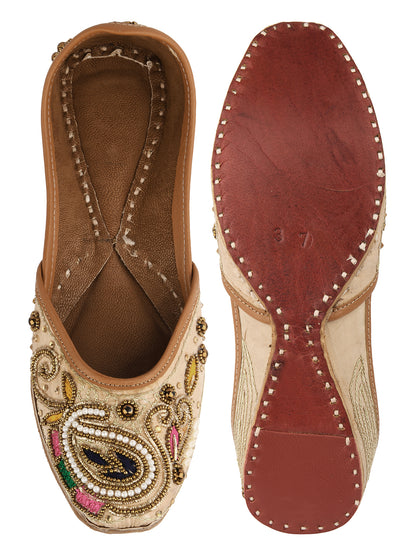 DESI COLOUR Women Peach-Coloured Embellished Leather Ethnic Mojaris