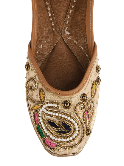 DESI COLOUR Women Peach-Coloured Embellished Leather Ethnic Mojaris