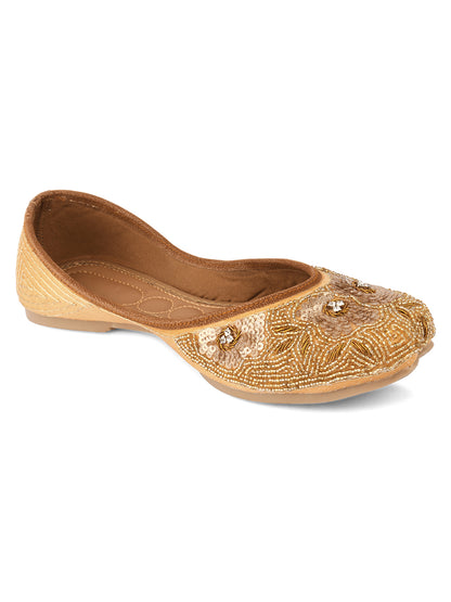 DESI COLOUR Women Peach-Coloured Embellished Leather Ethnic Mojaris with Embroidered Flats