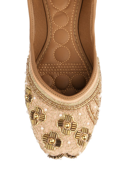 DESI COLOUR Women Peach-Coloured  Gold-Toned Embellished Ethnic Mojaris Flats