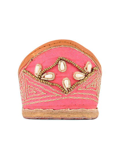 DESI COLOUR Women Peach-Coloured Printed Leather Ethnic Mojaris Flats