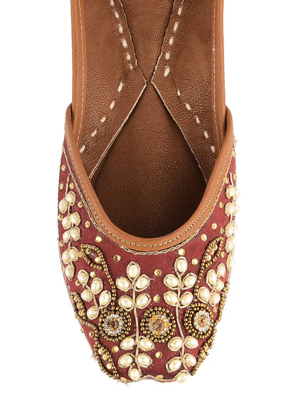 DESI COLOUR Women Maroon  Gold-Toned Ethnic Embellished Leather Mojaris Flats