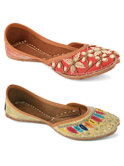 DESI COLOUR Women Pack Of 2 Beige Embellished Leather Ethnic Mojaris Flats