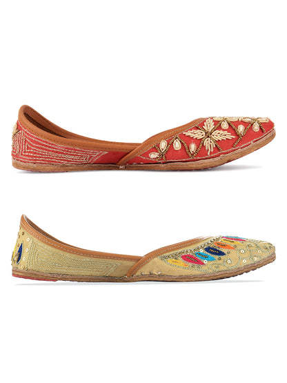 DESI COLOUR Women Pack Of 2 Beige Embellished Leather Ethnic Mojaris Flats