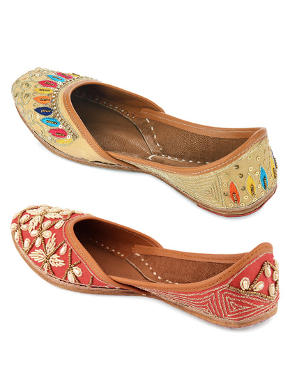 DESI COLOUR Women Pack Of 2 Beige Embellished Leather Ethnic Mojaris Flats