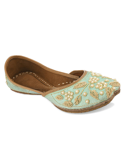 DESI COLOUR Women Sea Green Embellished Leather Ethnic Mojaris Flats