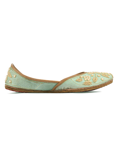 DESI COLOUR Women Sea Green Embellished Leather Ethnic Mojaris Flats