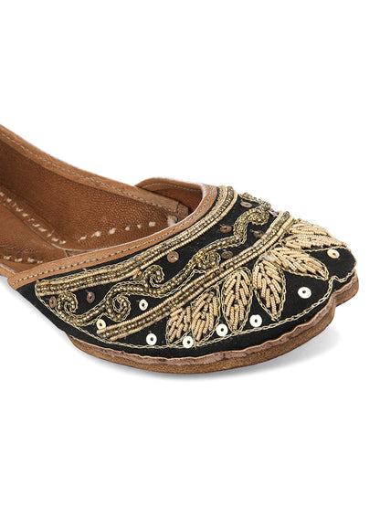 DESI COLOUR Women Sea Green Embellished Leather Ethnic Mojaris Flats