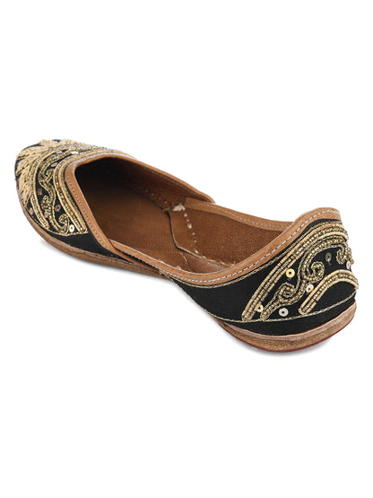 DESI COLOUR Women Sea Green Embellished Leather Ethnic Mojaris Flats