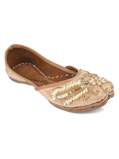 DESI COLOUR Women Yellow Embellished Leather Ethnic Mojaris