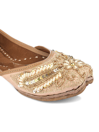 DESI COLOUR Women Peach-Coloured Embellished Leather Ethnic Mojari Flats