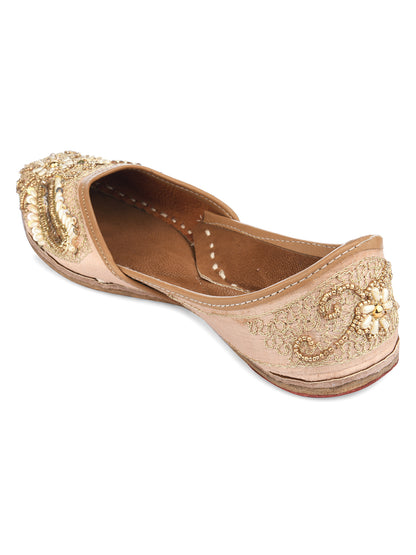 DESI COLOUR Women Peach-Coloured Embellished Leather Ethnic Mojari Flats