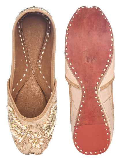 DESI COLOUR Women Peach-Coloured Embellished Leather Ethnic Mojari Flats