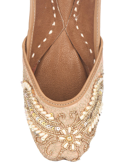 DESI COLOUR Women Peach-Coloured Embellished Leather Ethnic Mojari Flats